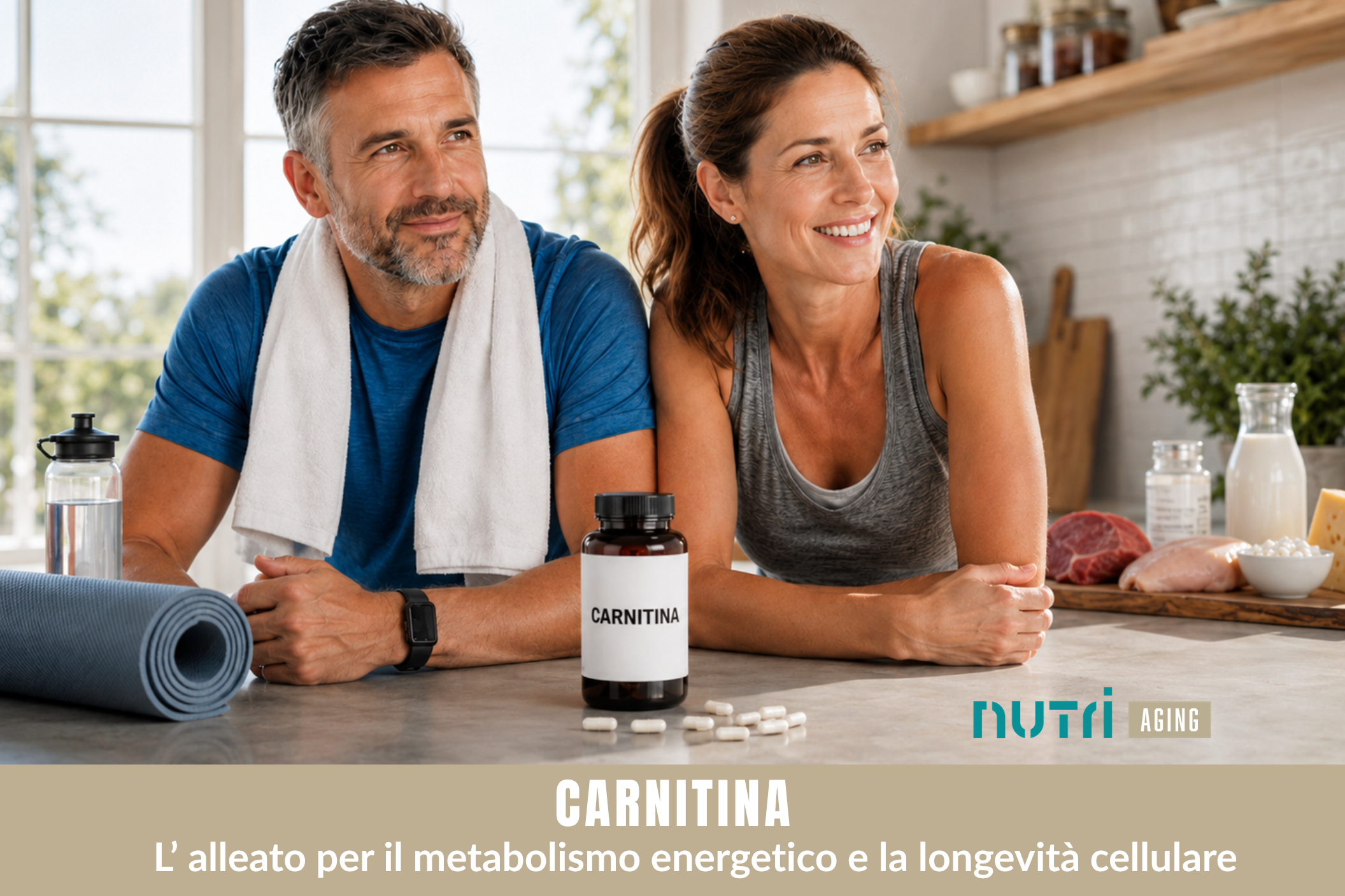 Carnitina per il metabolismo energetico e la longevità cellulare con uomo e donna in tenuta sportiva e fonti alimentari della carnitina