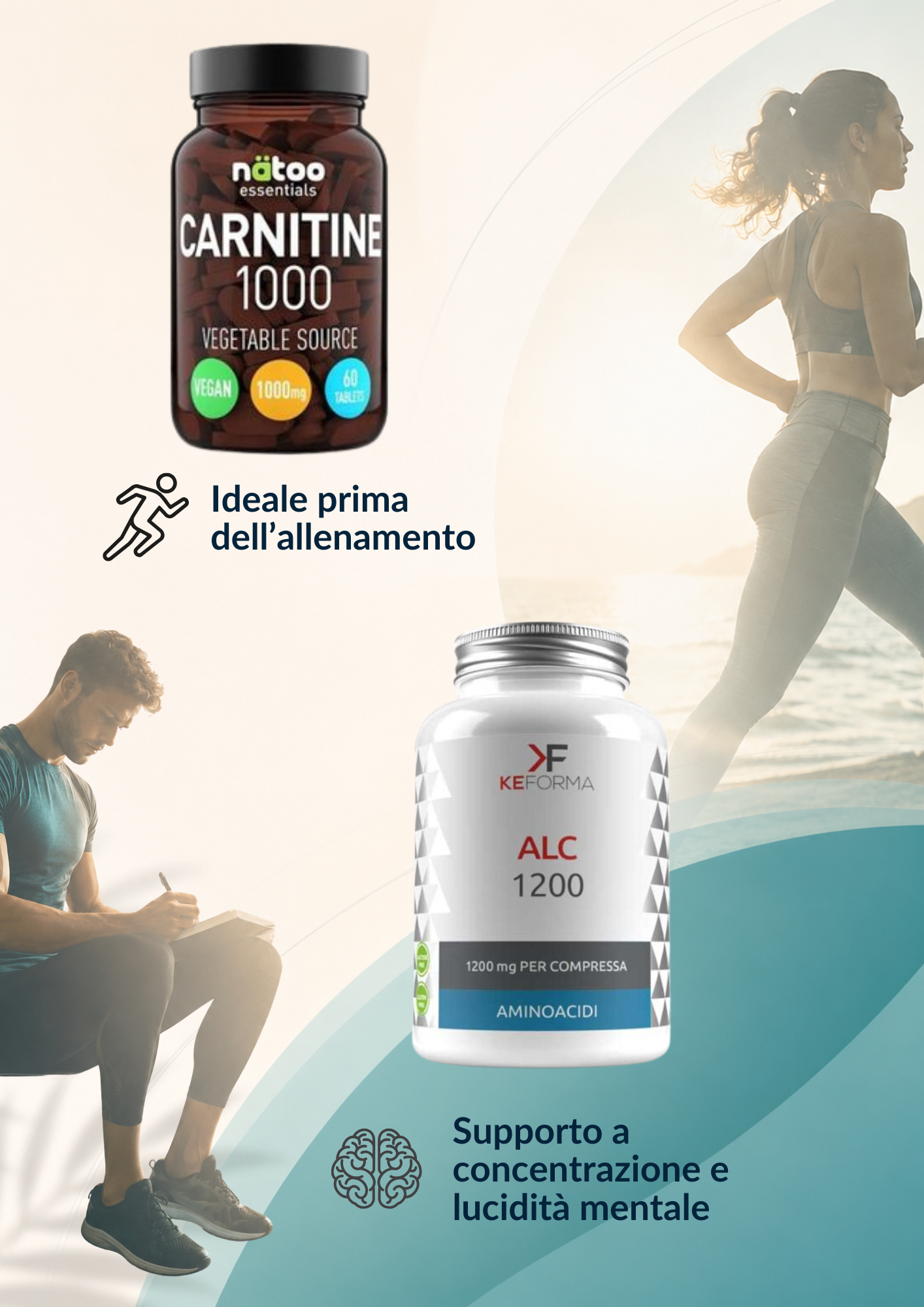 Immagini di carnitina integratore della Natoo e KeForma