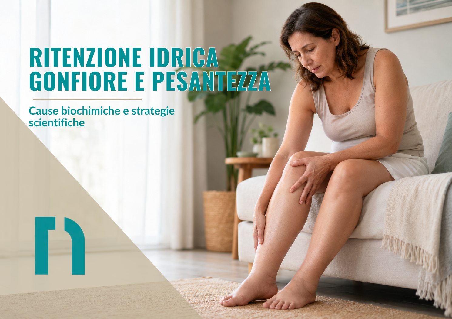 Ritenzione idrica con donna adulta seduta sul divano e sensazione di gambe gonfie e pesantezza