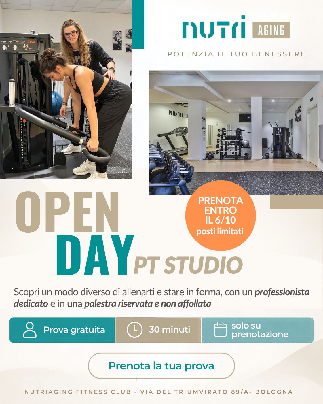 Volantino dell'open Day presso NutriAging a Bologna - prova gratuita di un allenamento con personal trainer dedicato